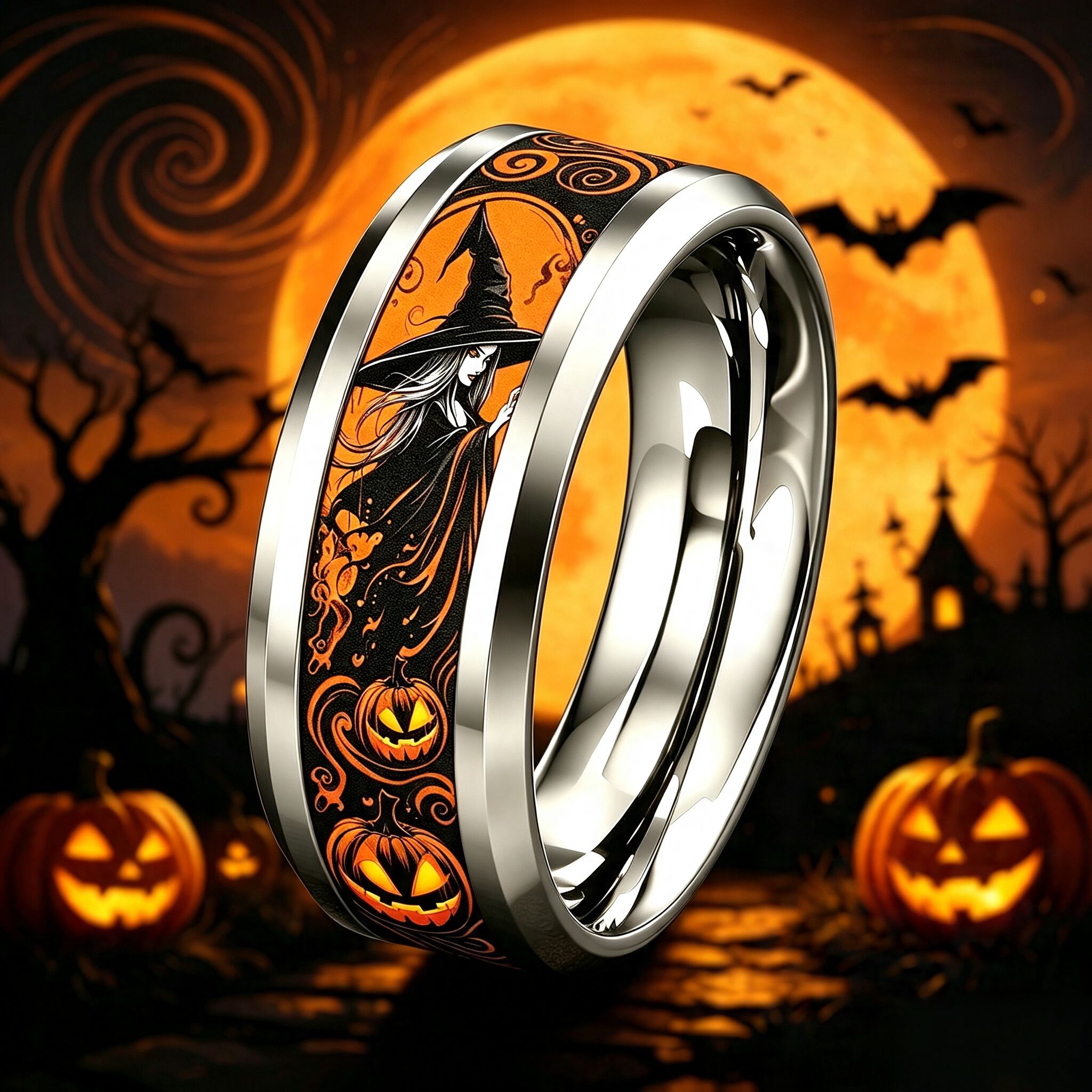 Halloween Witch 8mm Stainless Steel Ring, Waterproof